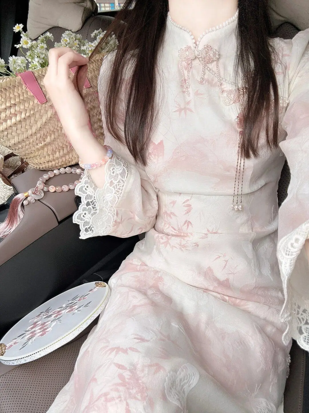 Vestido cheongsam estampado com gola em pé feminino, festa chá Qipao, estilo moderno, rosa doce, princesa, outono, 2024