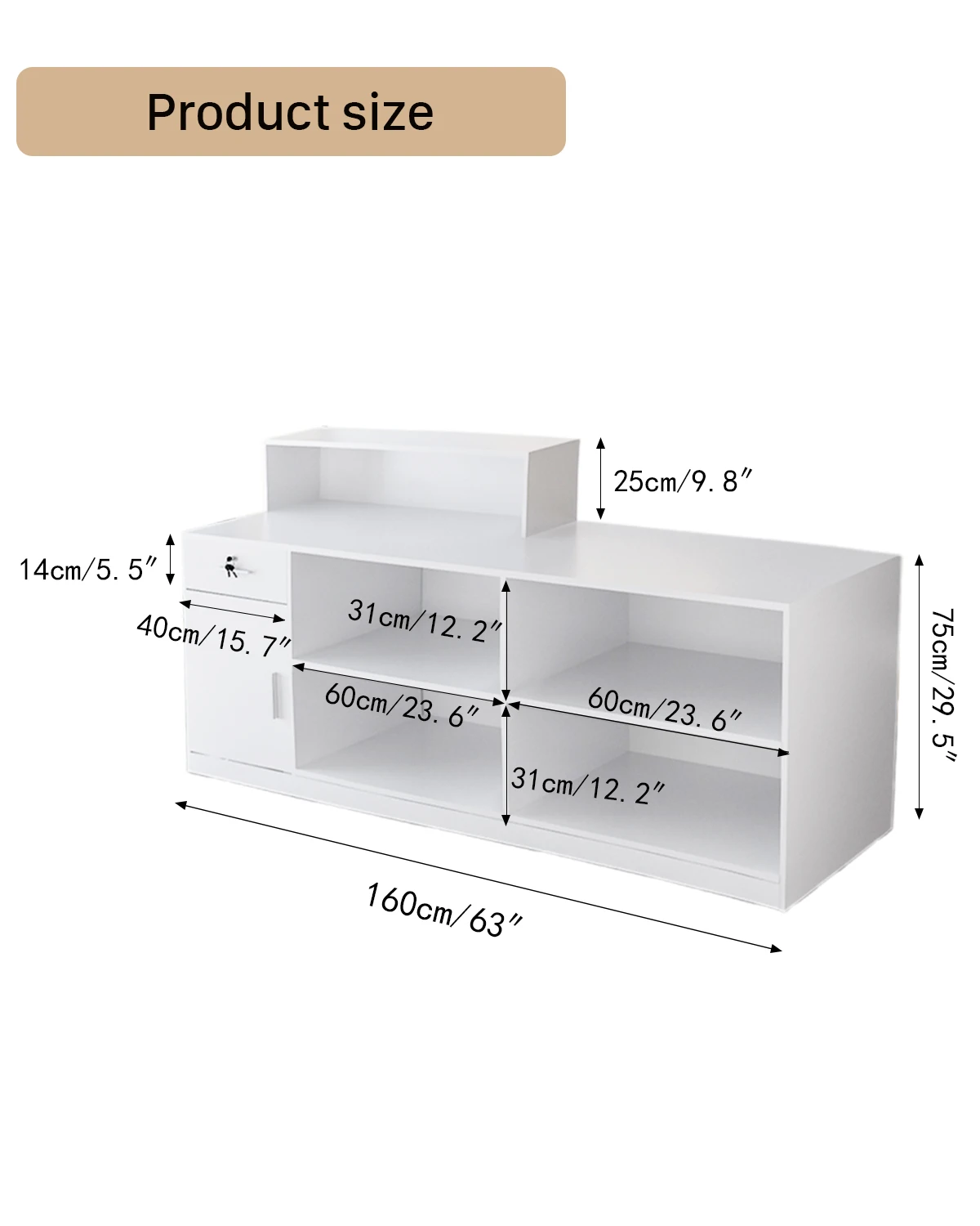 Modern Reception Desk with Lockable Drawer, File Cabinet & 4 Storage Compartments Front Desk Reception Counter, Made of Multi