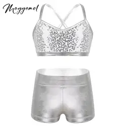 Kids Jazz Hip Hop Street Dance Costume Outfit Girls Clothes Shiny Sequins Cutout Crop Top Metallic Shorts Stage Performance