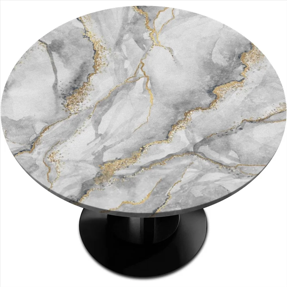 White Gold Marble Round Tablecloth with Elastic Edge Polyester Waterproof Fitted Table Covers for Indoor Party Kitchen Decor