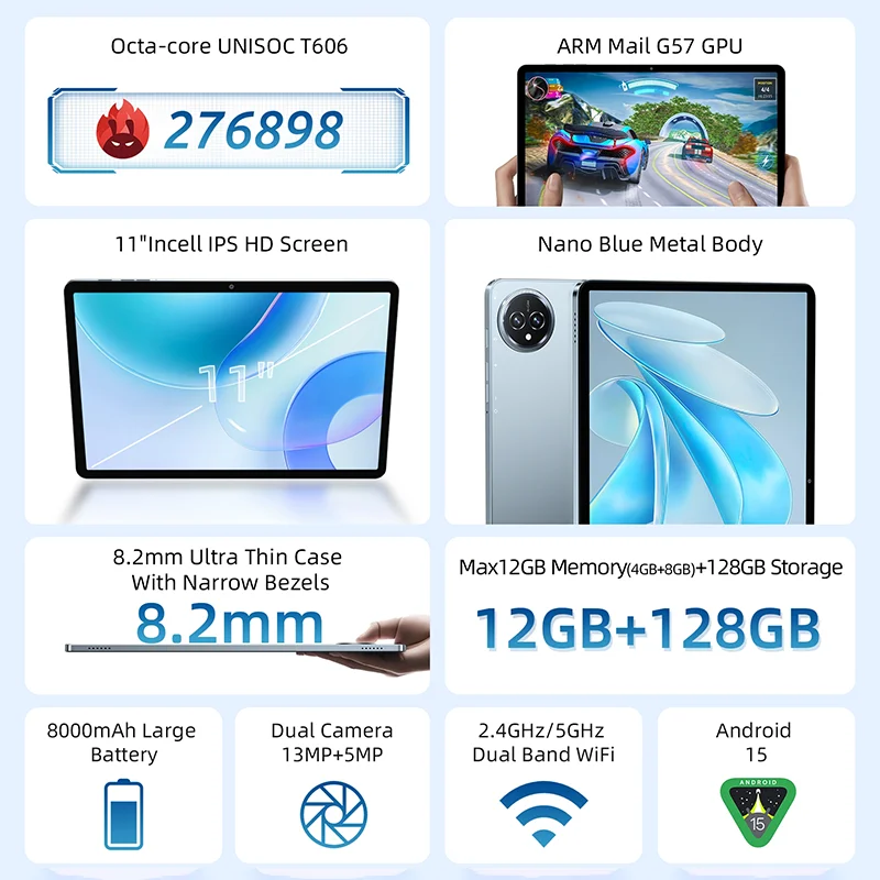 BMAX MaxPad I11 S Tablet Android 15 11" HD Screen UNISOC T606 ARM Mail G57 4+8GB Memory 128GB Storage 2.4GHz/5GHz Wi-Fi