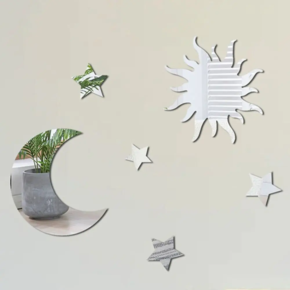 6pcs/set Creative Mirror Star Mirror Wall Sticker PVC DIY Moon Combination Decal Star Moon Mirror Art Decal Holiday