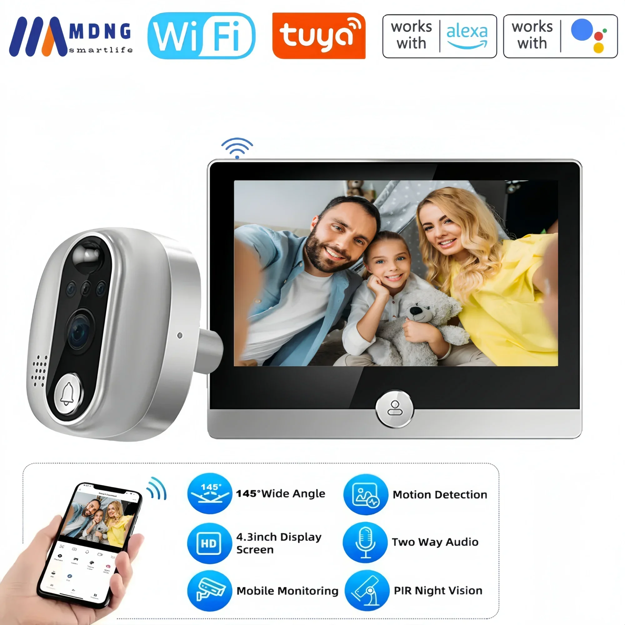 

1080P Tuya Smart Wifi Video Doorbell Digital Door Peephole Viewer 2MP Wireless Door Camera Alexa Google Home Security Protection