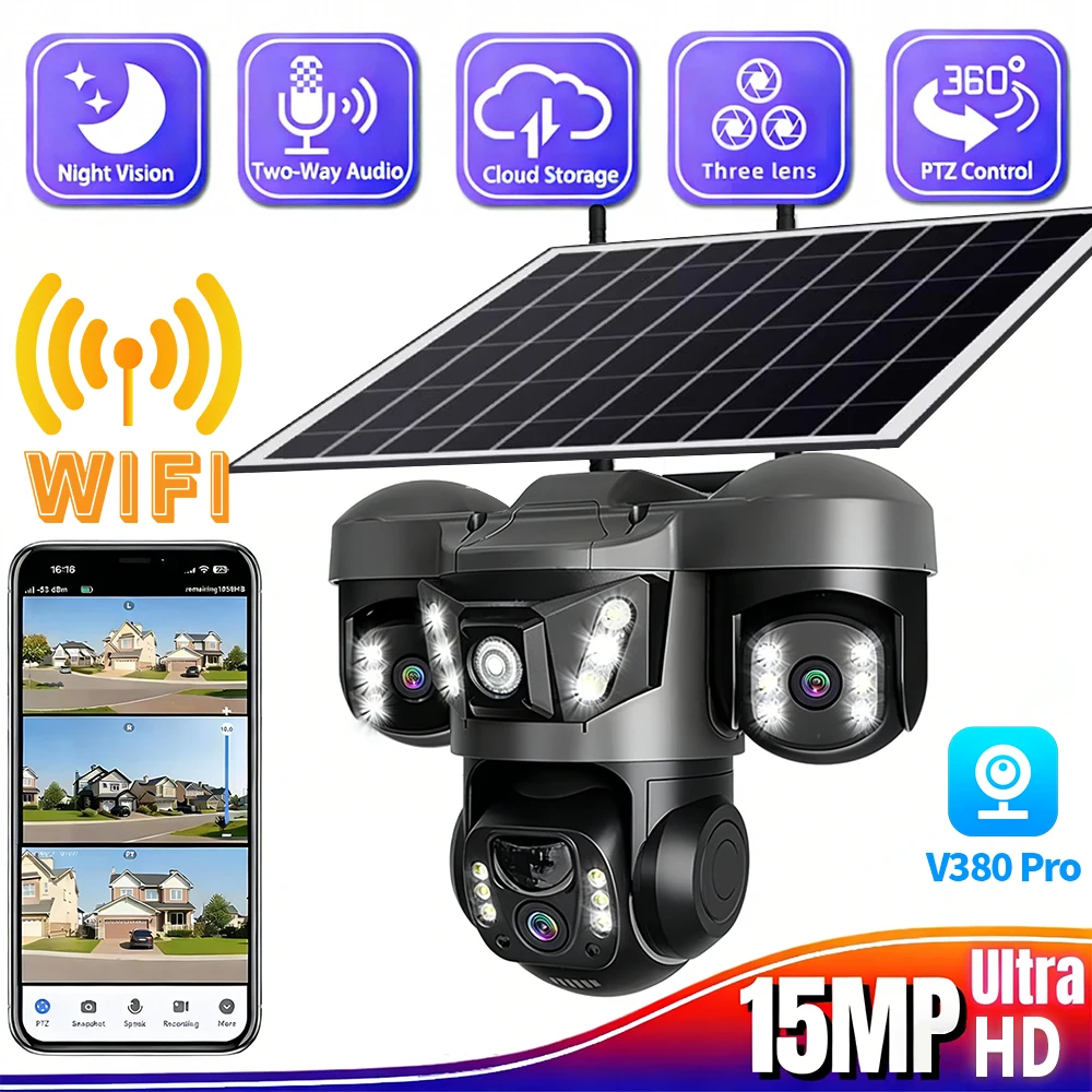 Solar Security Camera 3 Screen with 10X Zoom, V380 Pro 4G & WiFi Wireless Outdoor CCTV, Support SIM Card, Easy Setup Monitor