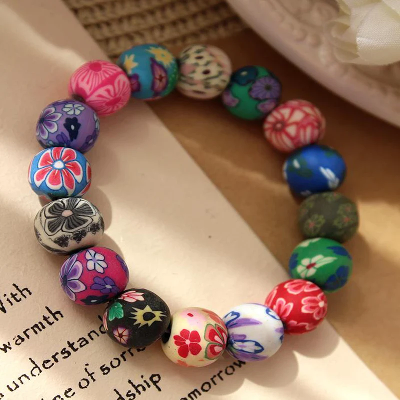 Soft Clay Bead Bracelet for Women Jewelry Colorful Polymer Clay Flower Round Beaded Charms Bracelets