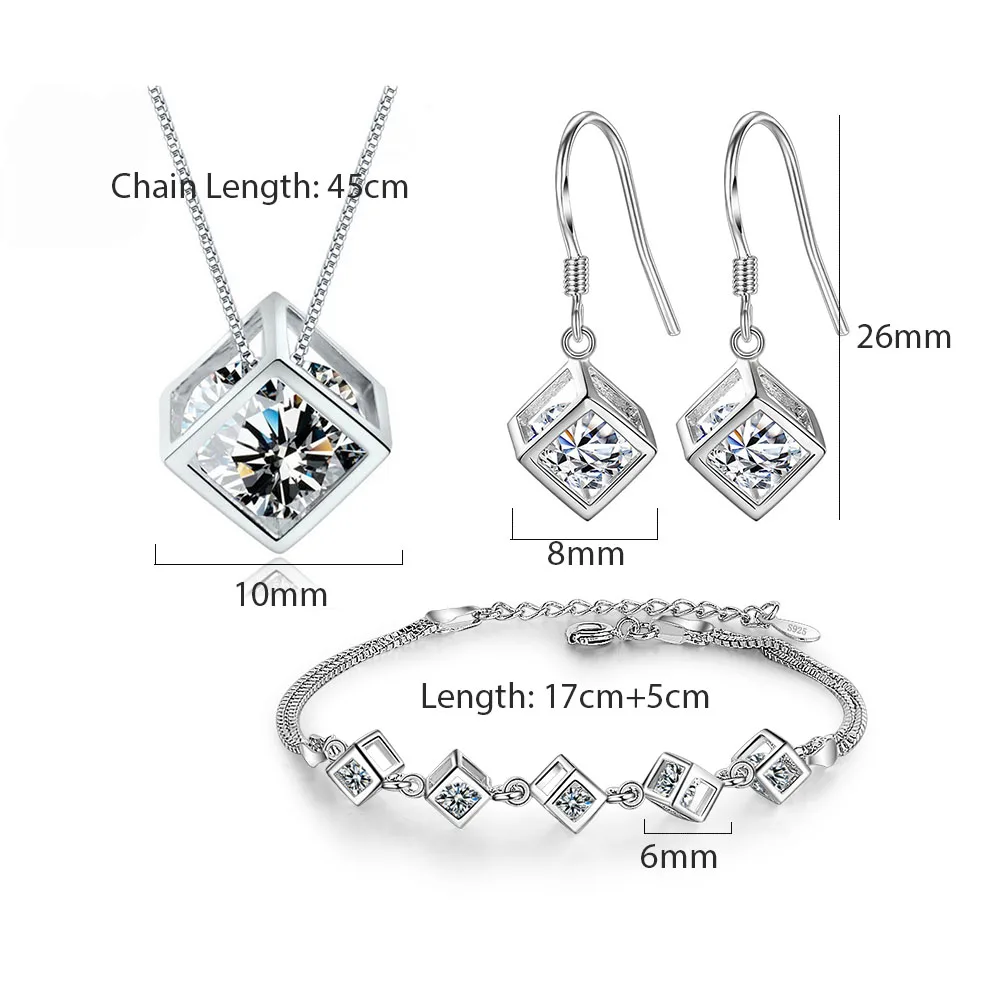 MEEKCAT 5 Style 925 Sterling Silver Jewelry Sets Zircon Square Cube Necklace+Earrings+Bracelet For Women Gift
