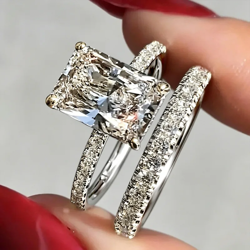 Jianjie 2Pcs/sets Dainty Shining Square Cubic Zirconia Rings for Women Romantic Wedding Bride Fashion Jewelry Accessories