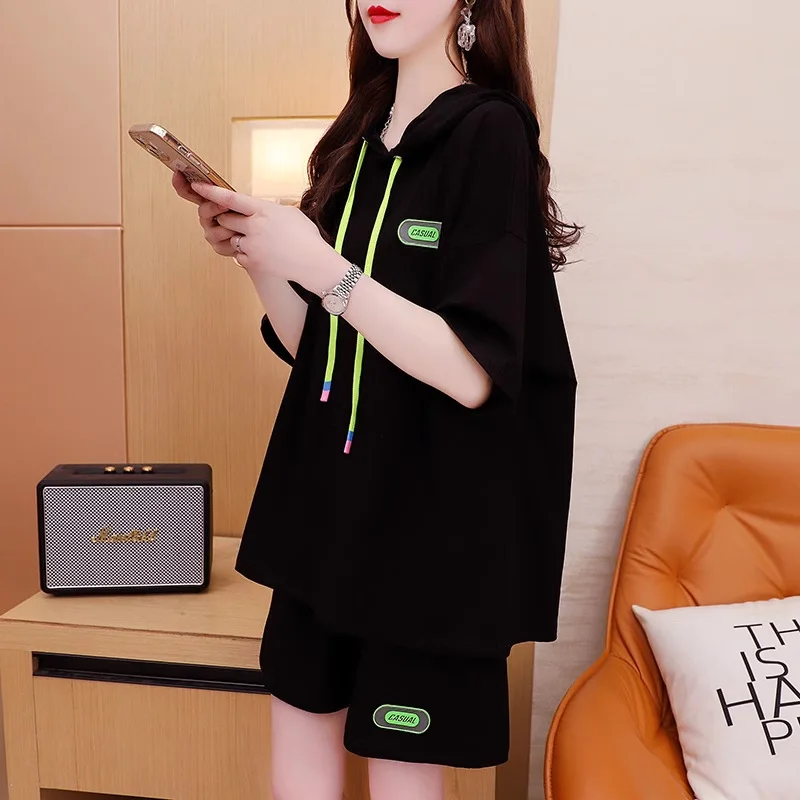 

Casual Pure Cotton Fashionable Sports Suit Women's Summer New Hooded Short Sleeved Shorts Two-piece Set