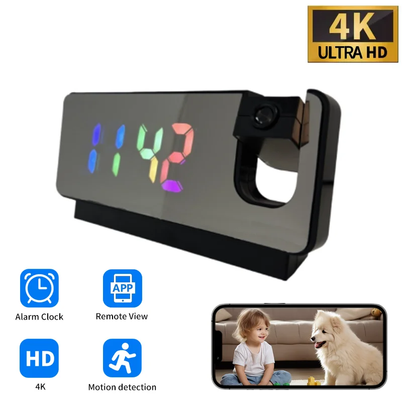 

4K HD Mini Clock Projection Camera Smart Digital Alarm WiFi6 Cameras Motion Detection Loop Record Camcorder Home USB Powered Cam
