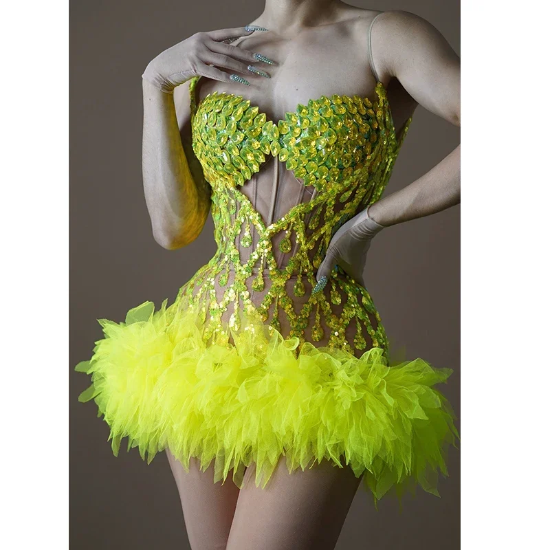 

Fluorescent Full Diamond Mesh Sling Short Dress Nightclub Bar Female Singer Gogo Dancers Costumes Stage Party Dress