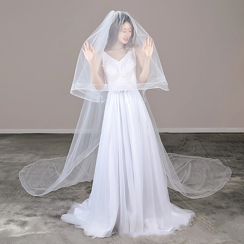 2 Tiers Bridal Veil White Light Ivory Blusher Elegant Horsehair Cathedral Wedding Veils With Comb Bride Accessories 300cm