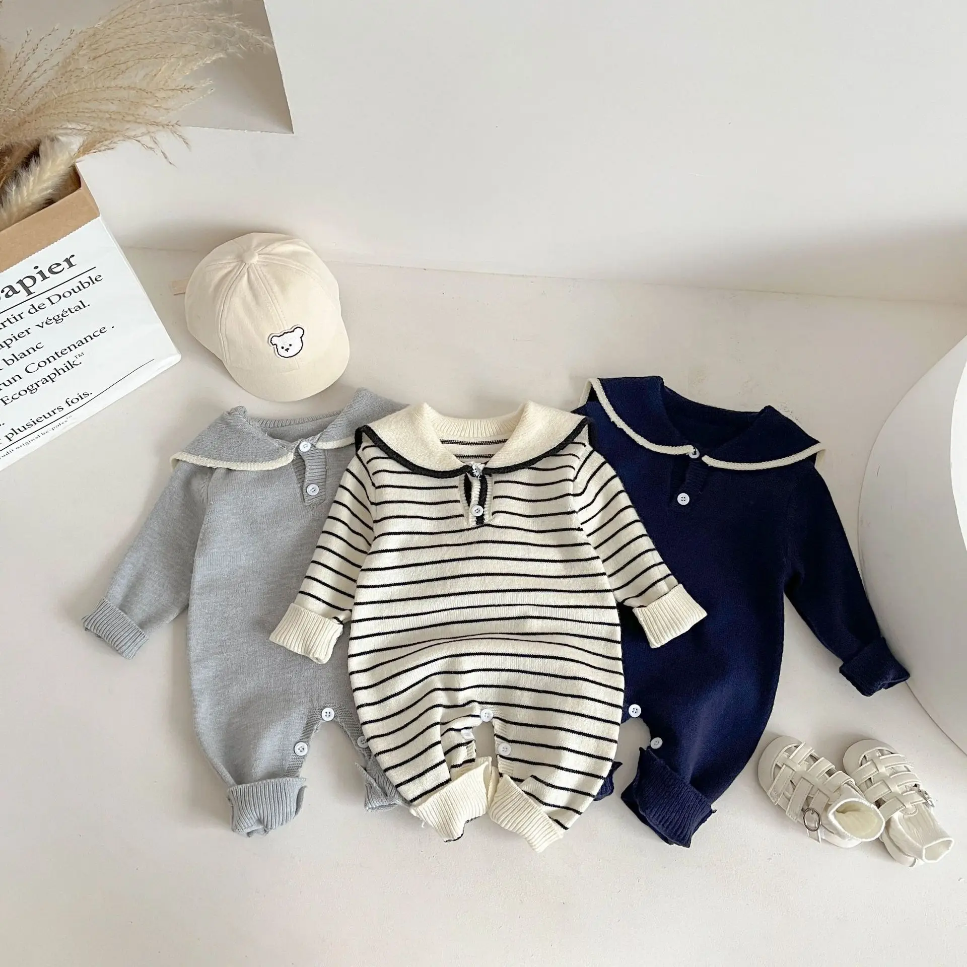 2024 Autumn New Baby Long Sleeve Knitted Romper Sailor Collar Newborn Clothes Infant Toddler Boy Girl Striped Casual Jumpsuit