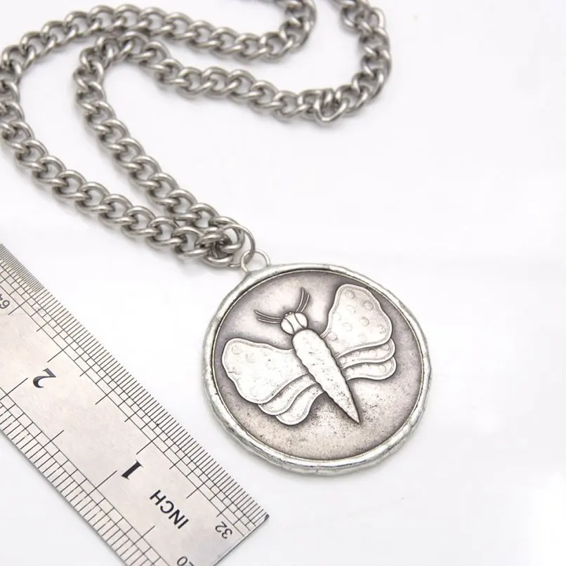 Soldered Coin Shape Round Insect Butterfly Necklace Stainless Steel Handmade  18+2inch Jewelry Special Gift