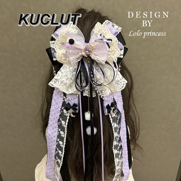

New Headwear Black Purple Lace Lolita Style Heavy Craft Handmade Hair Accessories for Women Sweet Cute Long Flutter Hairclip