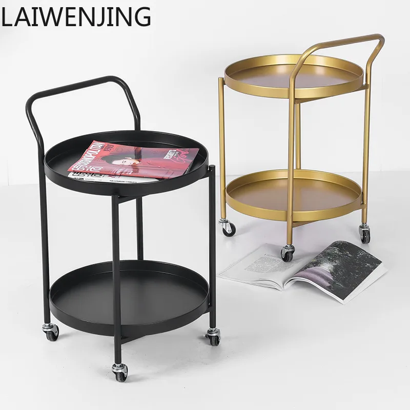 

HLZ Nordic Style Movable Round Snack Cart Sofa Coffee Table Bedroom Iron Bedside Table Dining Cart