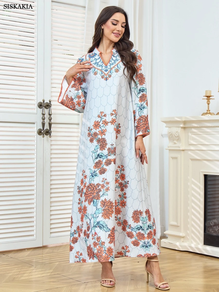 

Siskakia Dubai Floral Print Abaya Moroccan Women Clothes Muslim Notched Stand Collar Dress