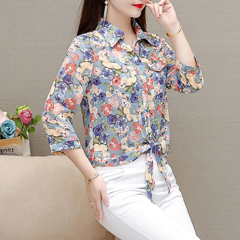 Vintage Floral Print Sweet Lace Up Elegant Button Up Shirt 2023 Spring Summer Korean Fashion Casual Slim Top Blouse Women Blusas