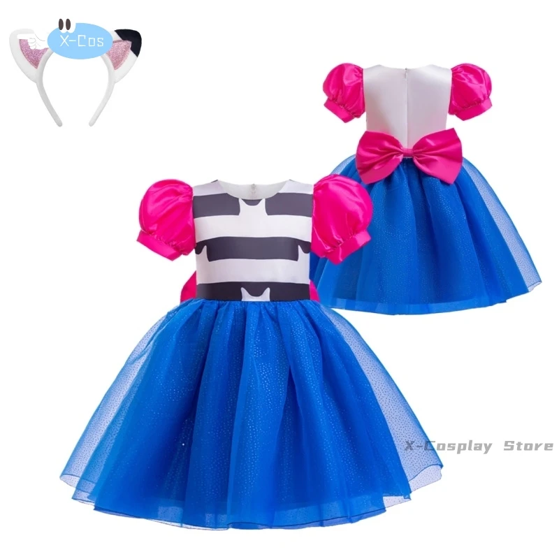 Kids Girls Dollhouse Cosplay Princess Dress Children Puff Sleeve Bow Tulle Dress+Cat Headband For Halloween Birthday Gown