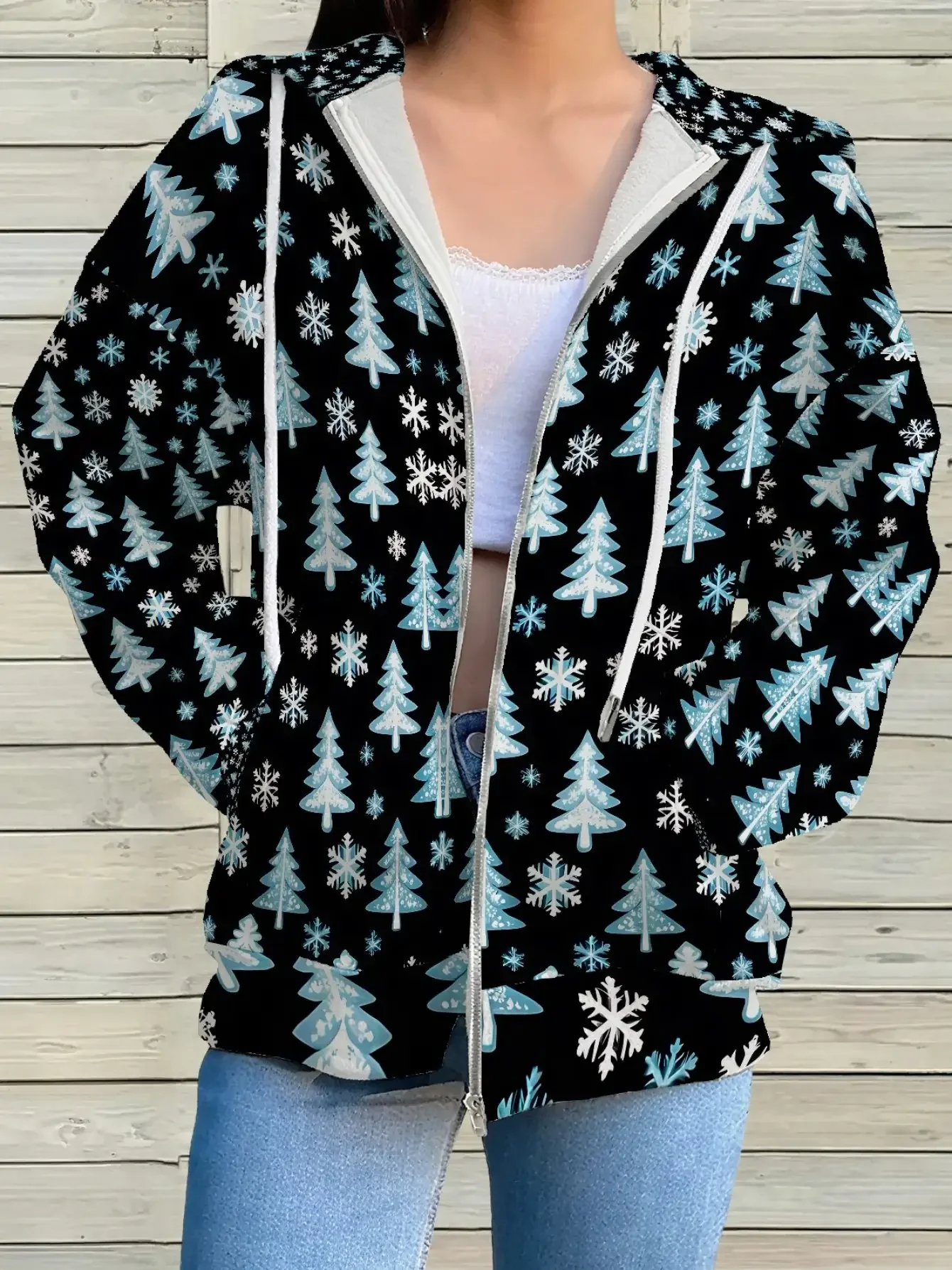 

New Women's 3D Printed Zipper Hoodie - Retro H-Line Full Zipper Hoodie with Pocket, Fluorescent Blue Christmas Tree