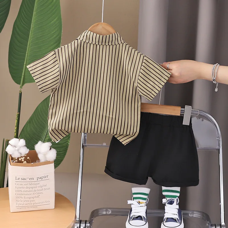 2024 Toddler Summer Outfits for Baby Boy Clothes 1 To 2 Years Vertical Striped Short Sleeve Shirts + T-shirts + Shorts Kids Suit