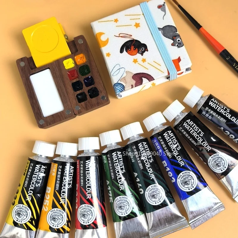 

Paul Rubens Artist Grade Watercolor 8 Colors Portable Mini Walnut Paint Box Set Student Travel Sketching Art Supplies