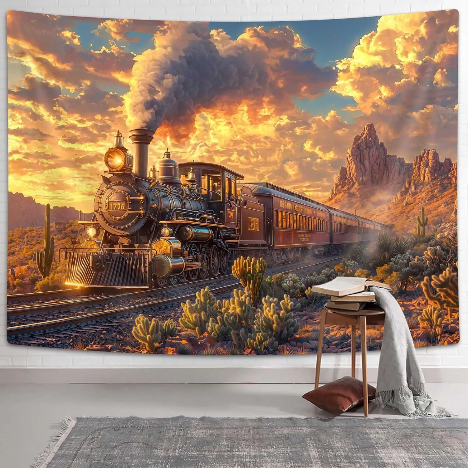Desert Sunset Train Tapestry Western Cactus Sky Clouds Wall Art Journey Theme for Kids Bedroom Living Room Decor