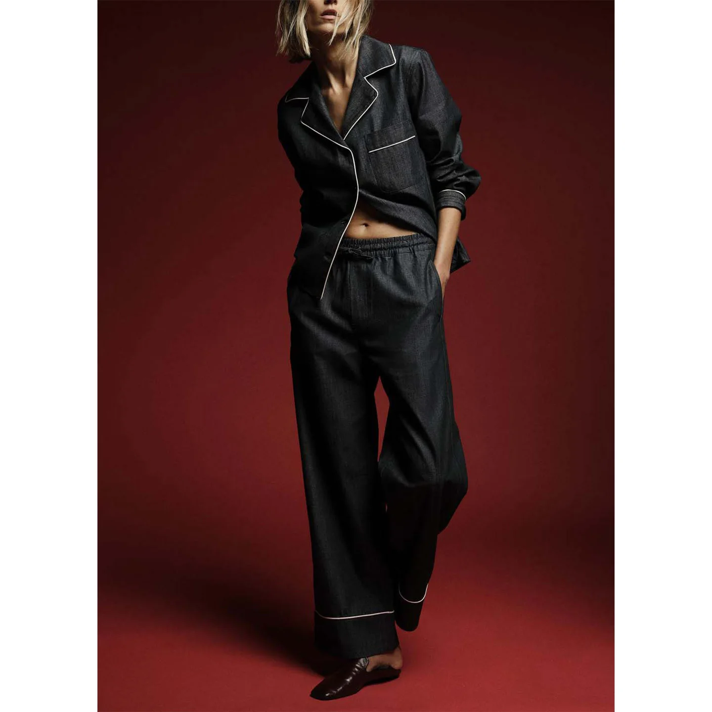 Dames denim irt met opstaande kraag lange Sve en kleur Blo broek faionable casual outfit tweedelige set herfstkleding