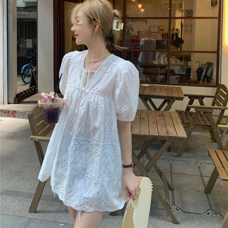 Rimocy Korean Fashion Loose White Shirt Women Summer Puff Sleeve Lace Hollow Out Mini Dress Woman V Neck Chic Blouse Female