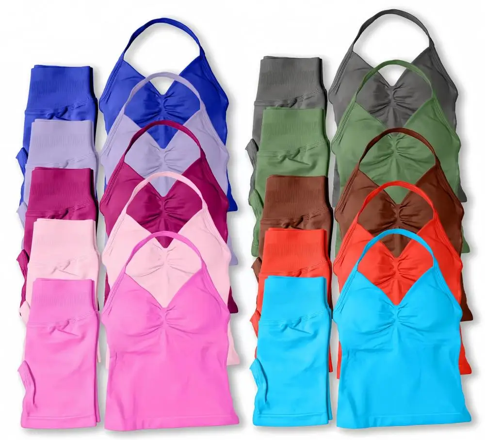 

2PCS Yoga Fitness Suit Women's Seamless Lace-Up Yoga Bra Top High Waist Workout Scratch Shorts Sports Suit Fitness Suit