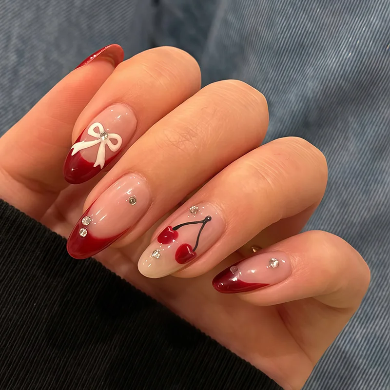 24Pcs Full Cover Blue White Checkered French Fake Nails Wearable Mid-length Almond Cherry Press on Nail Reusable Oval False Nail