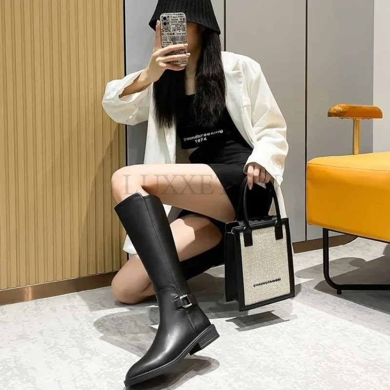 Leather Side Zipper Knee Length Women Long Boots with Thick Heels and Plush Solid Color Slim and Tall Chivalrous Boots