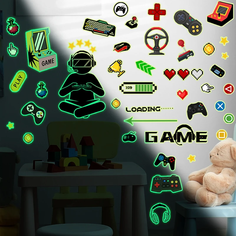 Luminous Game Element Wall Stickers Boy Gamers Vinyl Decals Glow in the Dark for Kids Room Bedroom Gaming Zone Home Decoration