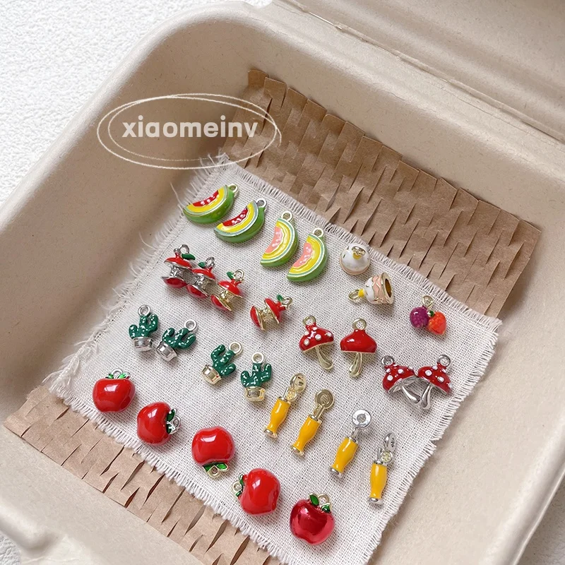 6pcs Alloy Cute Mushroom Little Melon Berry Apple Pendant Jewelry DIY Handmade Beaded Accessories Charms