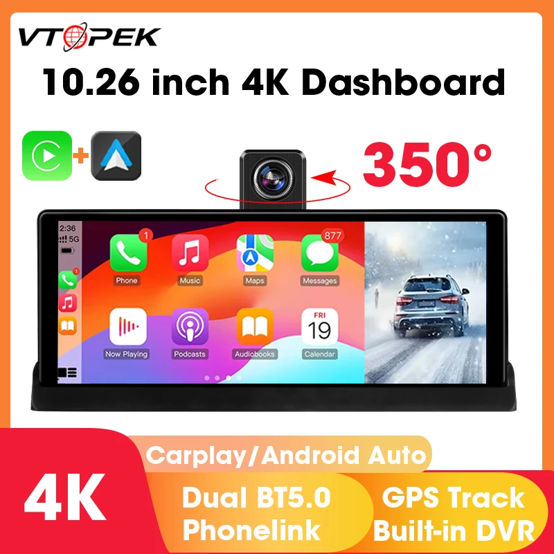 Vtopek 10.26 pollici grande schermo autoradio lettore multimediale Wireless Carplay Android Auto Dash Cam 4K specchio per Auto cruscotto GPS