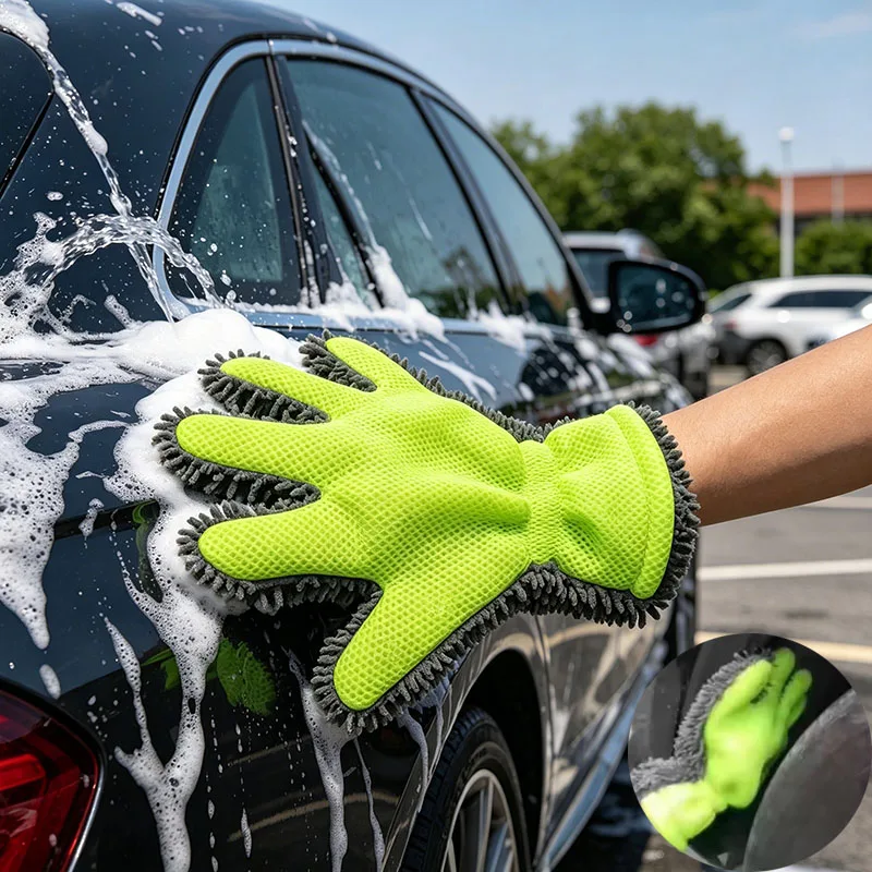 5-Finger Chenille Auto-Waschhandschuh, super saugfähig, kratzfrei, Sandwich-Webtechnik, für Autopflege und Haushaltsreinigung