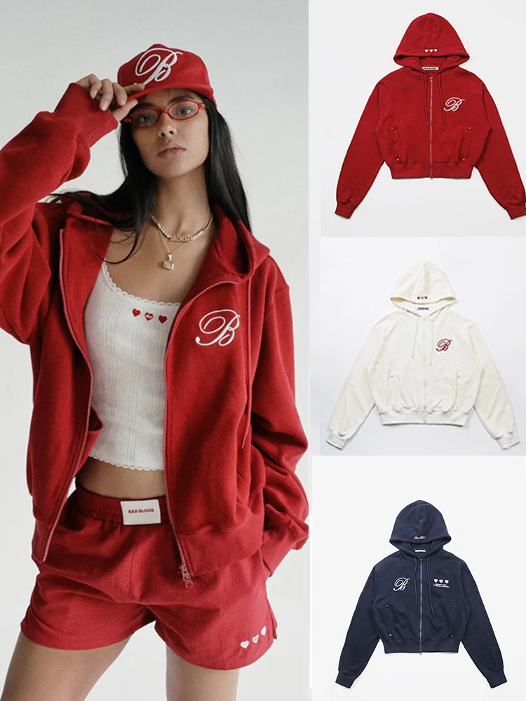 

American Sle Women's Embroidered Lazy Sle Hoodie Red Loose Casual Outerwear Trendy Long Sve Zipper Closure Streetwear