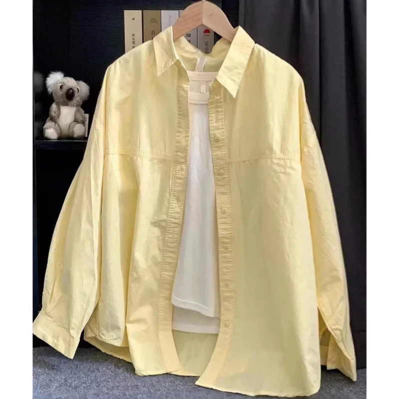 

Spring Autumn Lightweight Luxury Sweet Yellow Cotton Thin Loose Women's Long Sleeve Shirt Outerwear Slimming Meat Covering