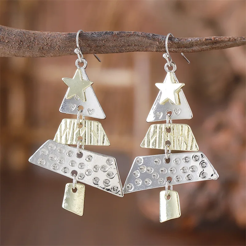 Vintage Metal Christmas Tree Long Drop Earrings for Fashion Women Girls Holiday Party Jewelry Acccessories Christmas Gift