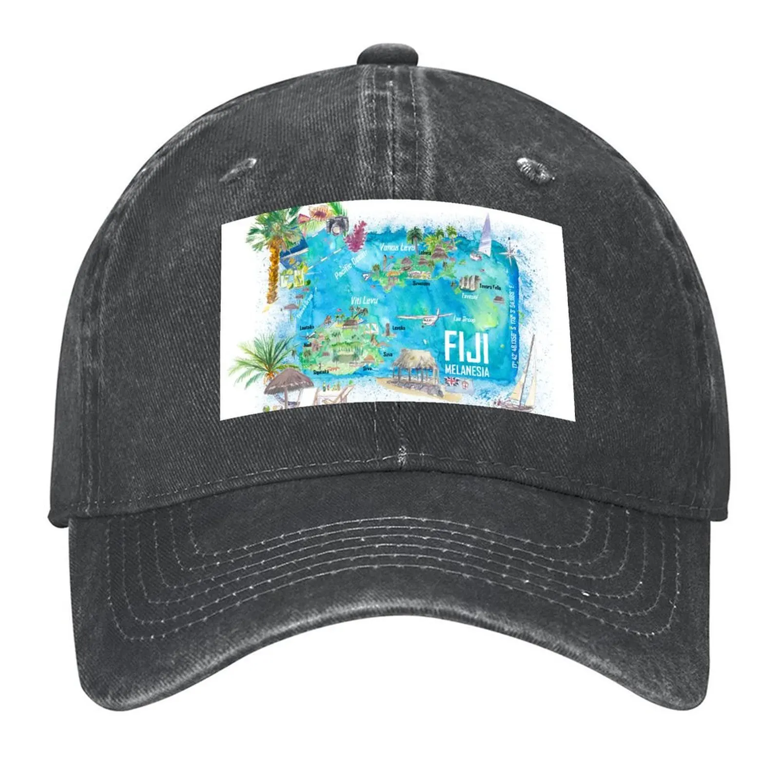 

Fiji Illustrated Polynesia Island Travel Map with Roads and Highlights Baseball Cap sun hat Sports Cap Cosplay Golf Men Women's