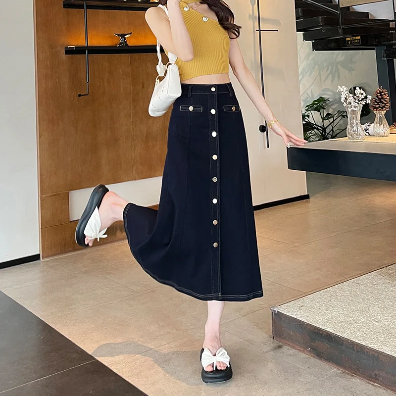 Single Breasted Denim Long Skirt For Women Korean High Waisted Casual A-line Half Dress Retro Commuting Large Swing Skirts