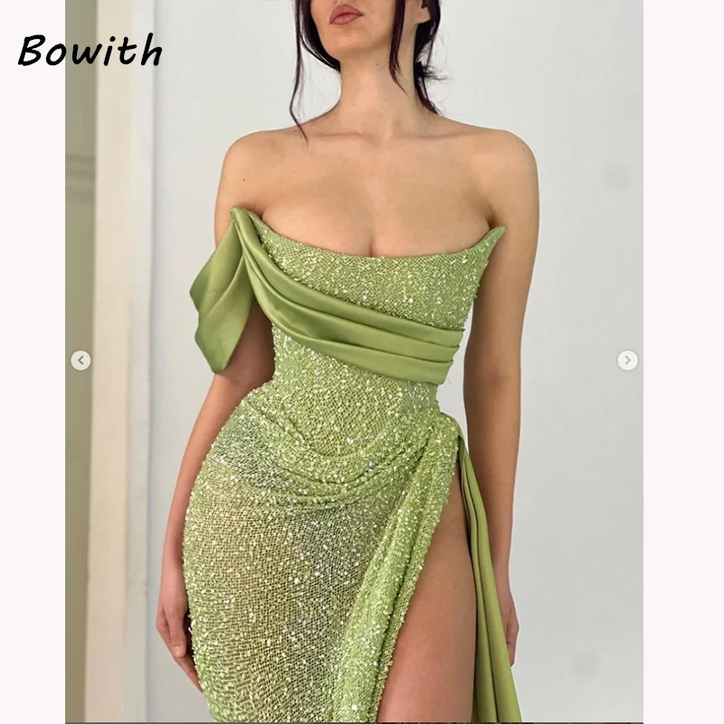 Bowith Long Evening Dress Elegant For Women Prom Split Dresses Wedding Party Formal Occasion Green One Shoulder Gown vestidos