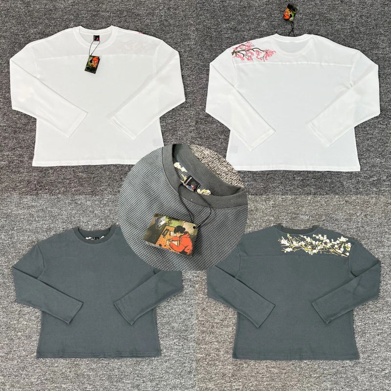 

Настоящая фотография, оригинальная этикетка Derschutze, футболки с длинными рукавами, уличная мода, вафельная ткань, вышитый цветок, мужские и женские футболки