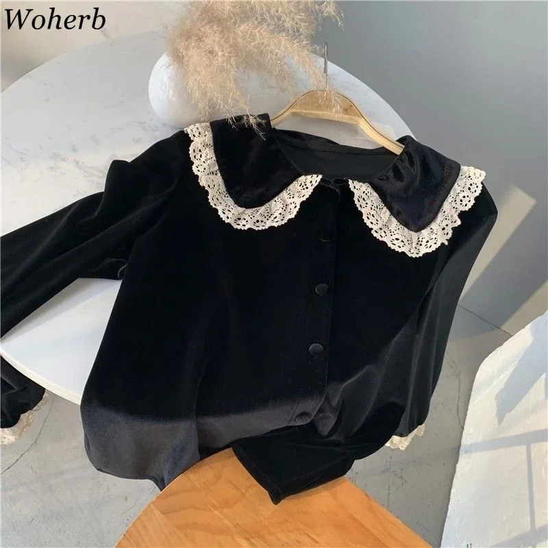 Woherb Vintage Lace Patchwork Blouse Women Black Velvet Long Sleeve Shirt 2024 Autumn Casual Loose Tops Blusas Chemisier Femme