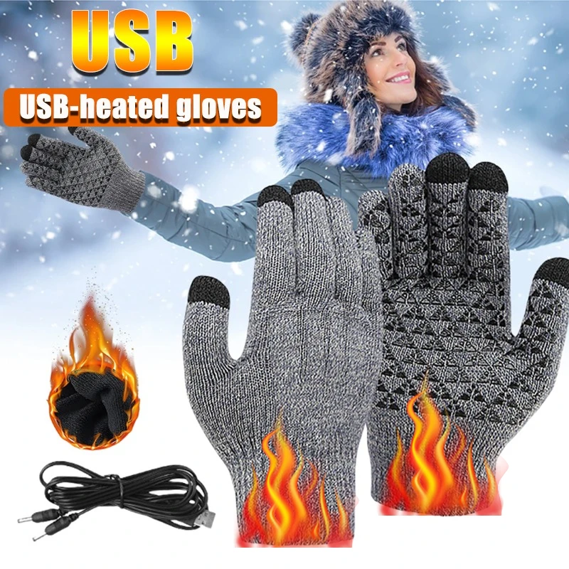 

USB Knitted Heated Gloves Thickened Warm Touchscreen Fingerless Gloves With Heating Pads Cold-Resistant And Anti-Slip