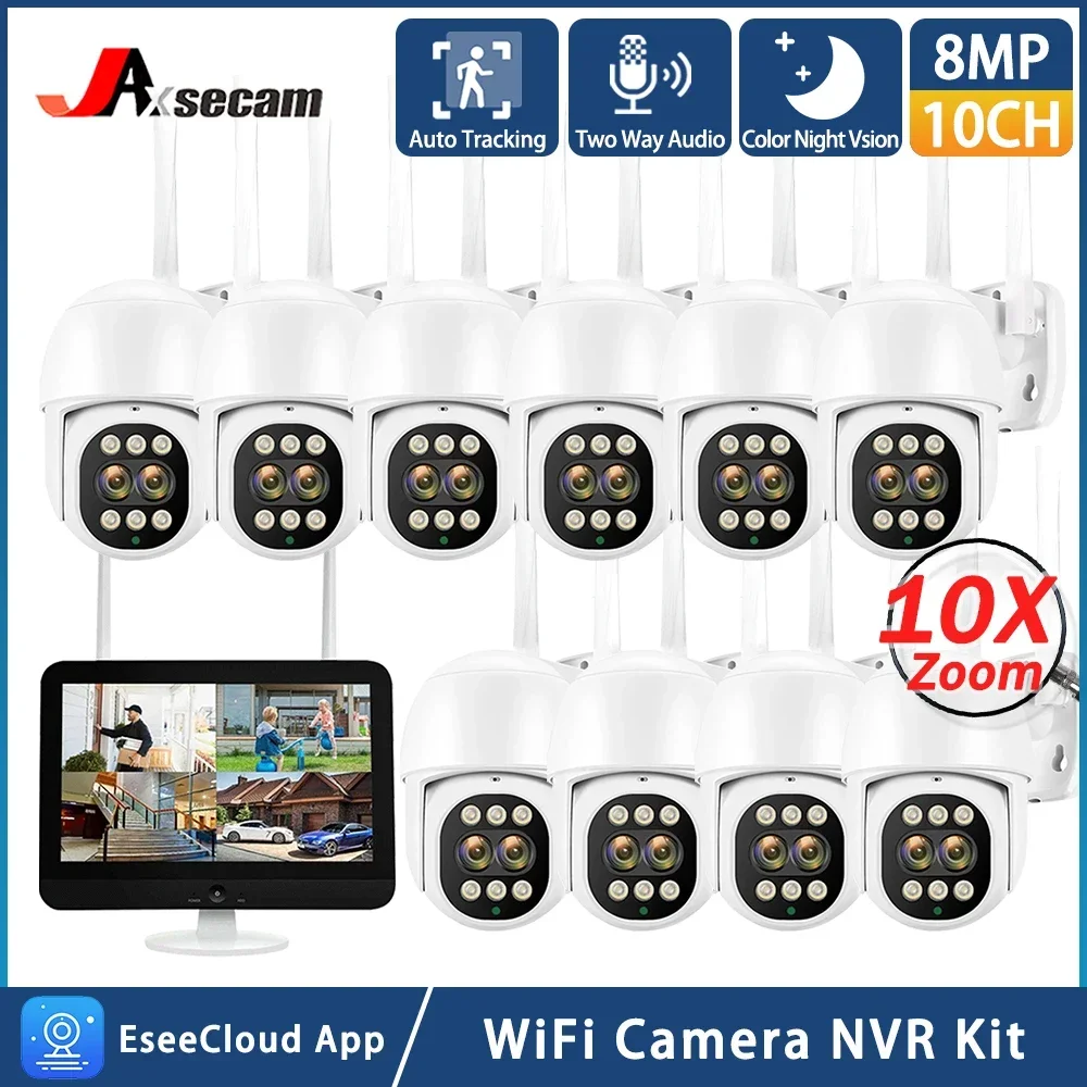 

12.5"Inch Monitor 10CH NVR Kit Wireless PTZ Security 8MP 10X Zoom Camera System Auto Track Home Wifi CCTV Surveillance Cameras