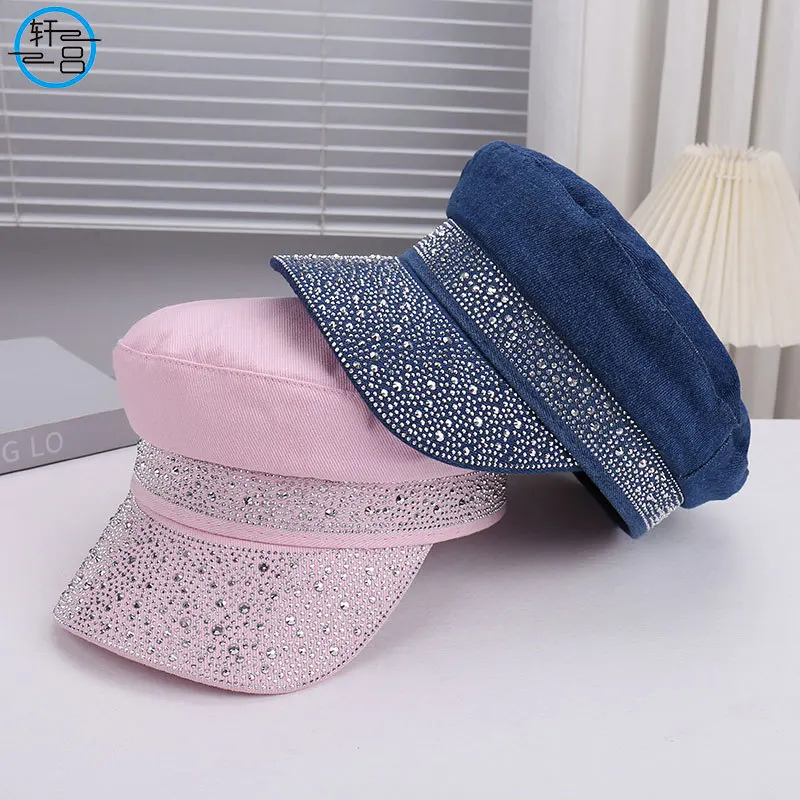 

Designer Brand Shining Militray Hat Women Diamonds Bling Newsboy Caps Flat Top Cap Fashion Streetwear Navy Hat