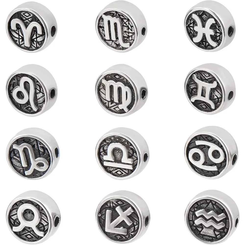 12 Styles Constellation Spacer Beads Stainless Steel Spacer Beads 10mm Double Side Flat Round Spacer Beads Zodiac Sign Coin Disc