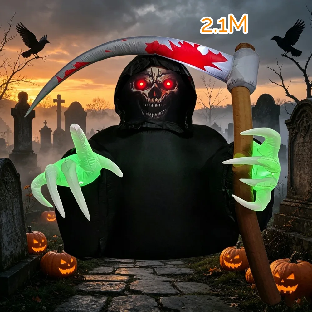Halloween Inflatable Half‑Body Grim Reaper 2.1M with LED Red Skull Eyes Green Glowing Claws with Bloody Scythe for Outdoor Decor