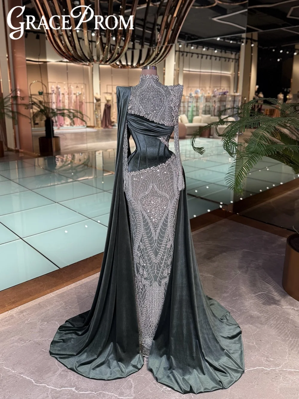 

Очаровательное вечернее платье с серебряными кристаллами, стильное бархатное вечернее платье с высоким воротником, роскошные платья для выпускного вечера с длинными рукавами по индивидуальному заказу