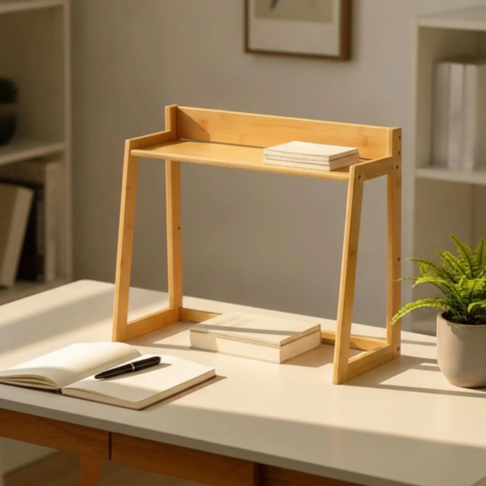 Bamboo Desktop Bookshelf Assembly-Friendly Ladder-Shaped Desktop Shelf Two-Level Open Bookshelf with Rails Easy to Assemble
